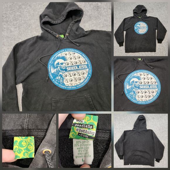 VTG Y2K Seedless Clothing Mens L Large Skate Black Distressed Pullover Hoodie - Picture 1 of 16